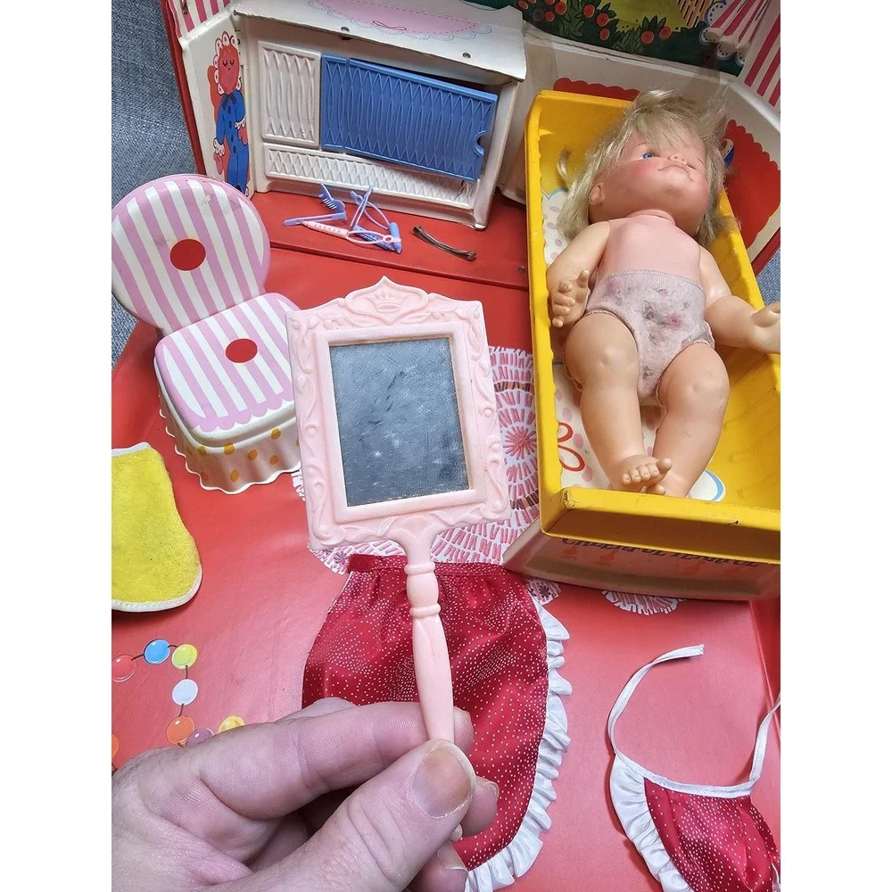 Mattel Cheerful Tearful Nursery Baby Doll Playset Case Bed Chair 1965 Vintage